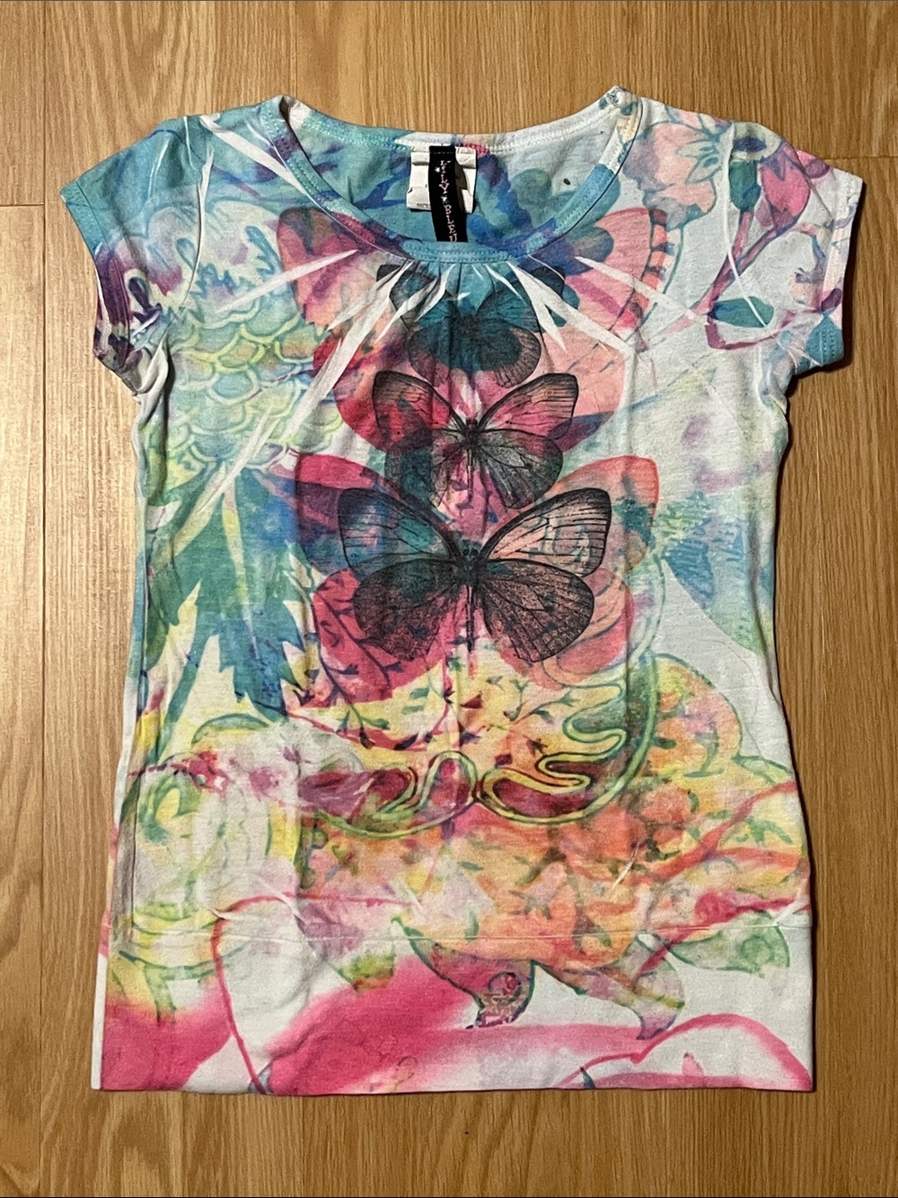 Lily Bleu Multicolor Butterfly Print Short Sleeve Tee, size S